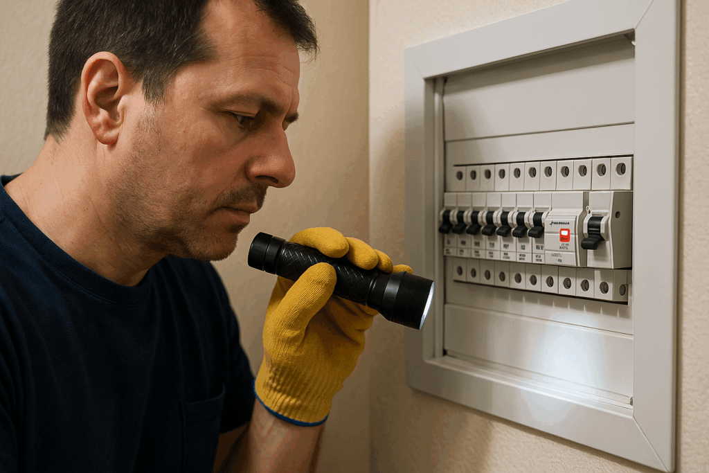 Propietario revisando un interruptor diferencial disparado en el tablero eléctrico de su hogar, con linterna en mano y guantes de seguridad.