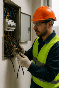 Electricista retirando cableado antiguo para instalación de cableado seguro en Santiago