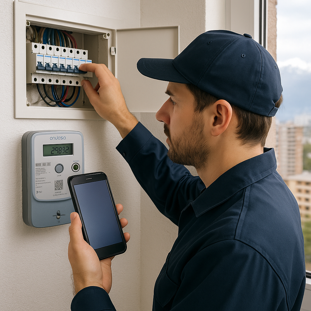 Técnico revisando breaker y medidor digital para calcular la potencia contratada ideal en Santiago