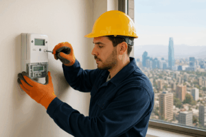 Técnico instalando medidor inteligente para pagar menos por la luz en Santiago