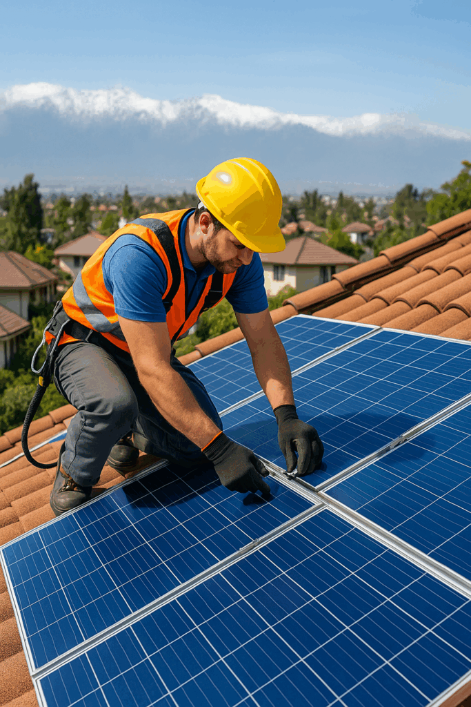Instalación de paneles solares domiciliarios en Santiago con vista a la cordillera